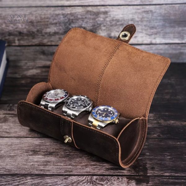 Étui élégant pour trois montres en cuir de voyage
