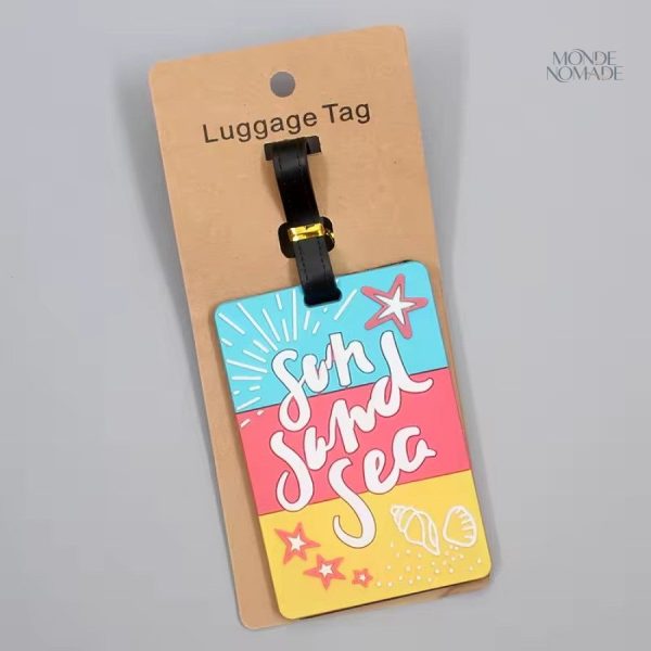 Étiquette de bagage avec motif soleil et plage