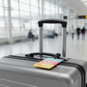 Étiquette valise design soleil, sable et mer