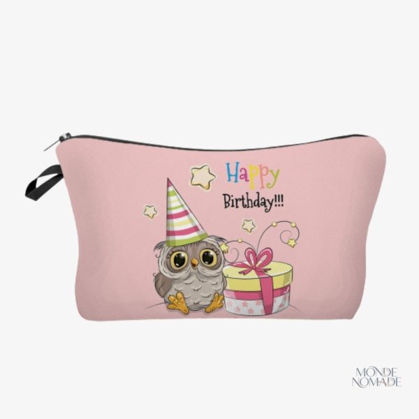 trousse-de-toilette-hibou-happy-birthday-1 Trousse de toilette Happy Birthday avec motif hibou coloré
