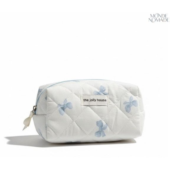 Trousse de toilette pratique en tissu matelassé avec design nœuds