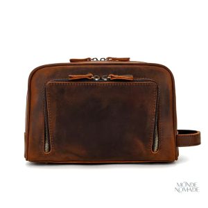 Trousse marron en cuir pour cosmétiques