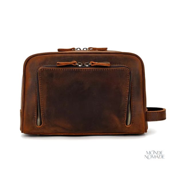 Trousse marron en cuir pour cosmétiques